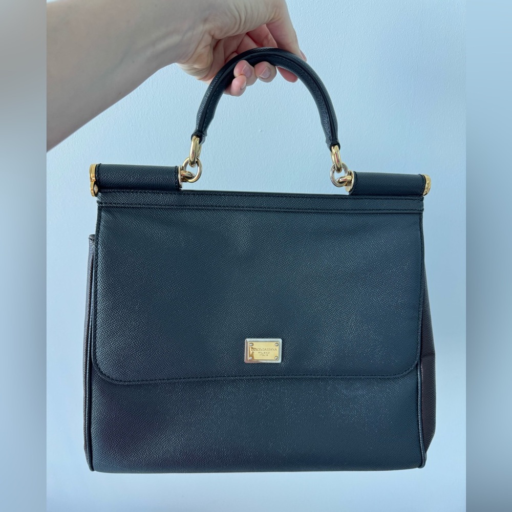 Dolce & Gabbana Black Leather Structured Top-Handle Satchel with Gold Plaque